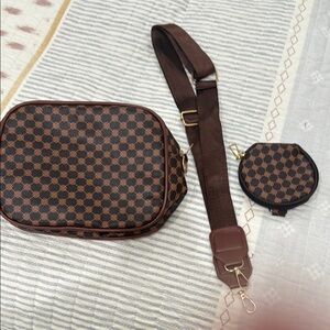 Brown Checkered Crossbody Bag Set